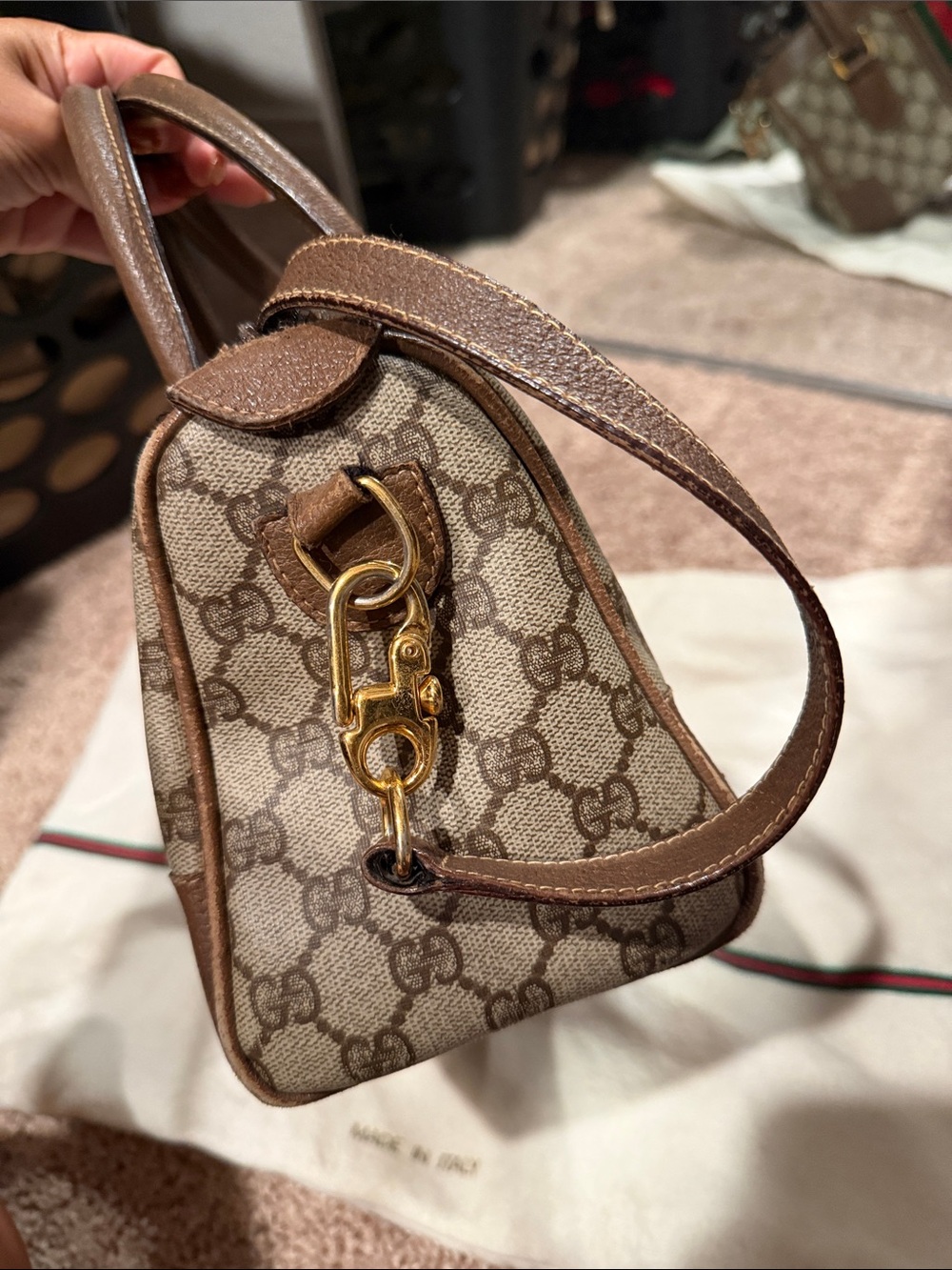 Gucci Brown GG Supreme Canvas Top Handle Satchel with Green-Red Web - Picture 7 of 14